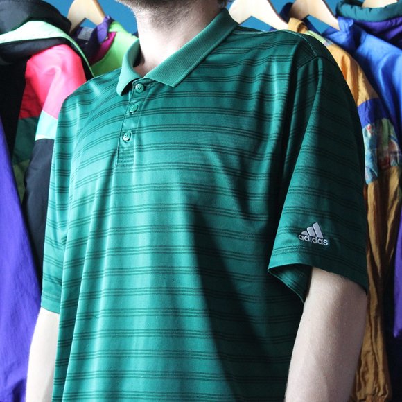 2008 Adidas Green Striped Polo Golf Tee T-Shirt - Picture 1 of 9